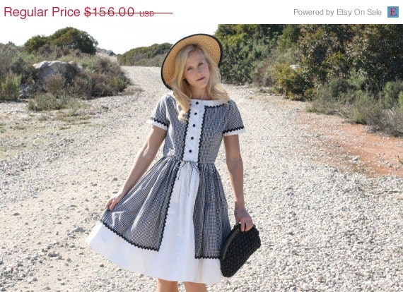 20% Off MEMORIAL DAY SALE Vtg 1950s 50s Jonathan Logan B&W Gingham Print Dress S