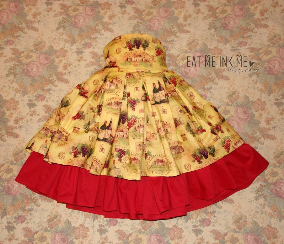 High waist OOAK Wine Lover skirt with red trier and antiqued castles