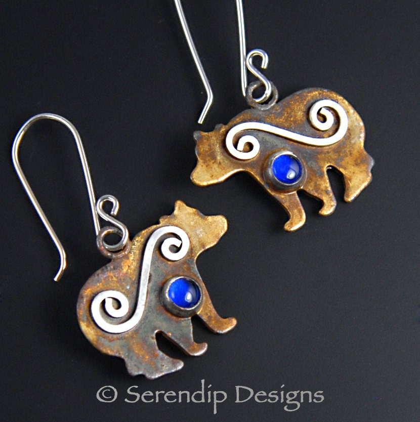 Silver Spiral Bear Earrings with Blue Spinel