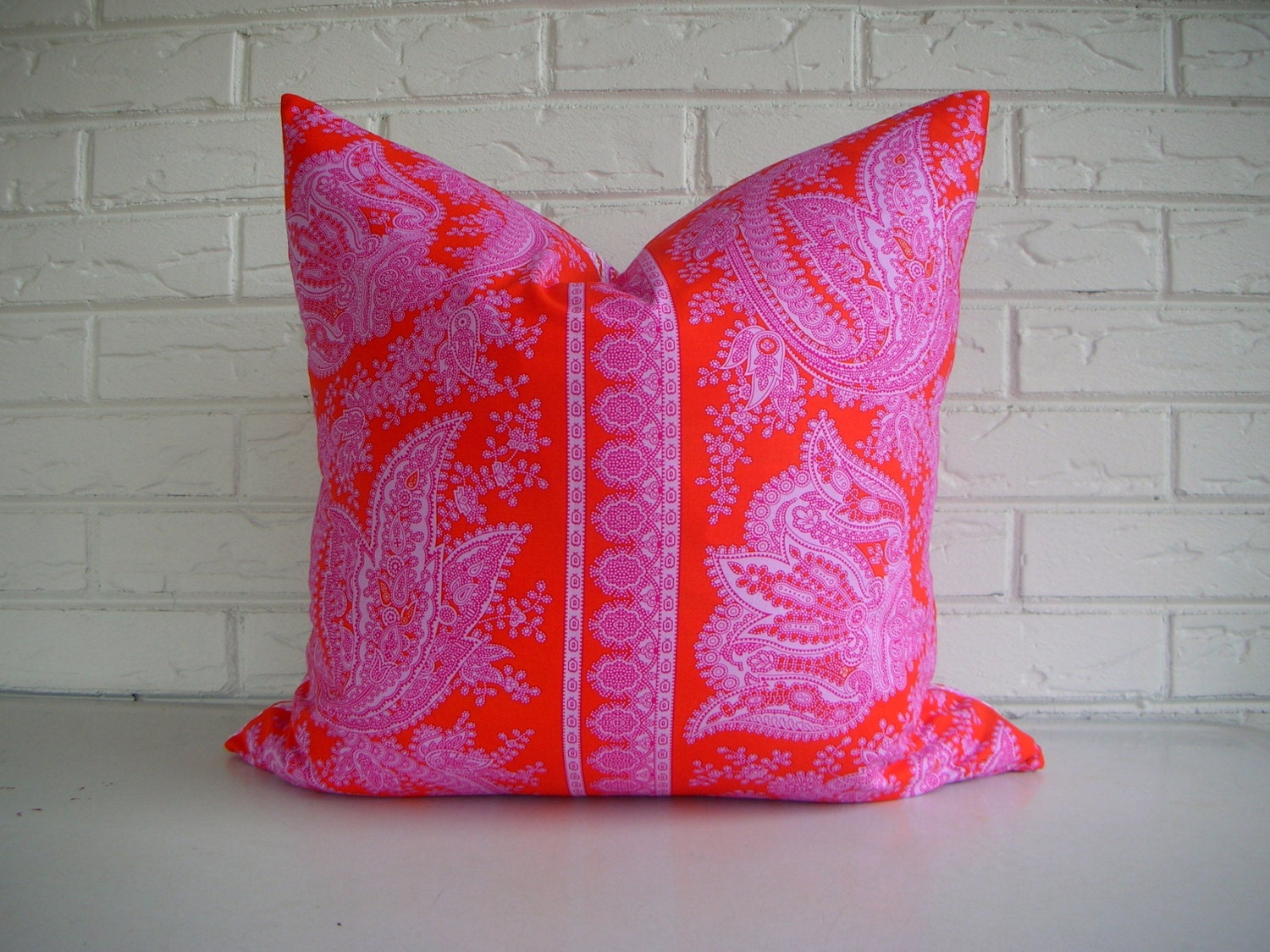 Decorative Pillow Cover - Colorful Indian Throw Cushion - Orange Fuchsia White Mustard - Bohemian