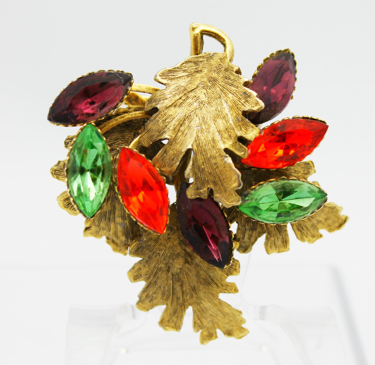 Vintage Brooch Leaves and Rhinestones
