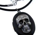 Men's: Gothic/Steampunk/Dark Romance - Skull Death Mask Cameo Locket with Leather Cord Choker