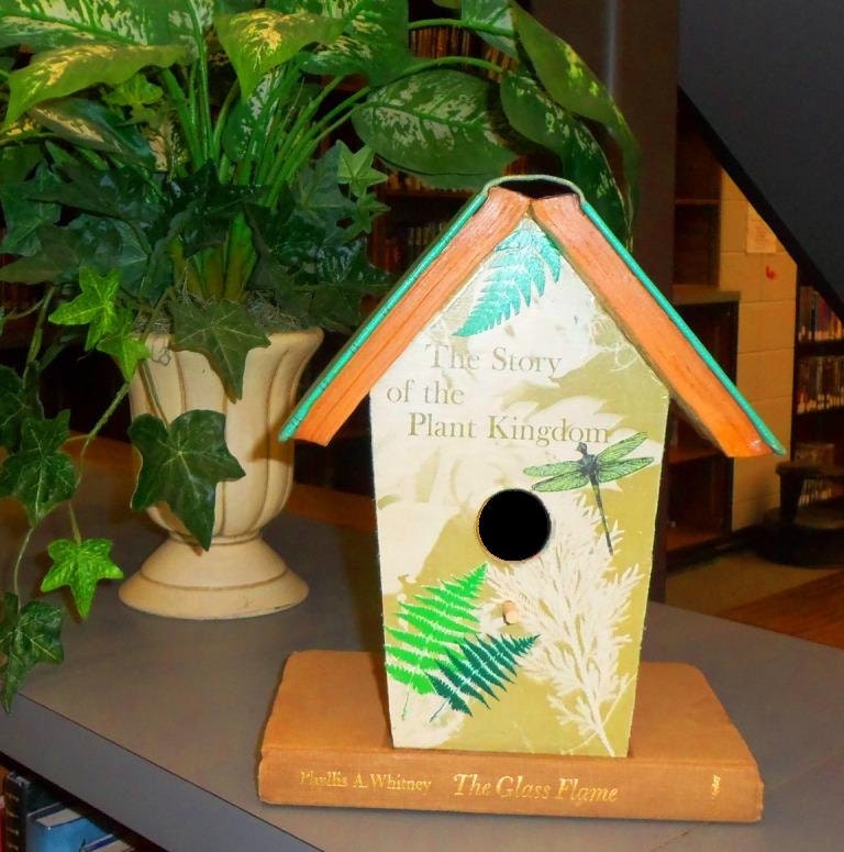 Green and Brown Plants and Dragonfly Book "Bookshelf Birdhouse", Great Gift for Bird or Book Lover or Birdhouse Collector