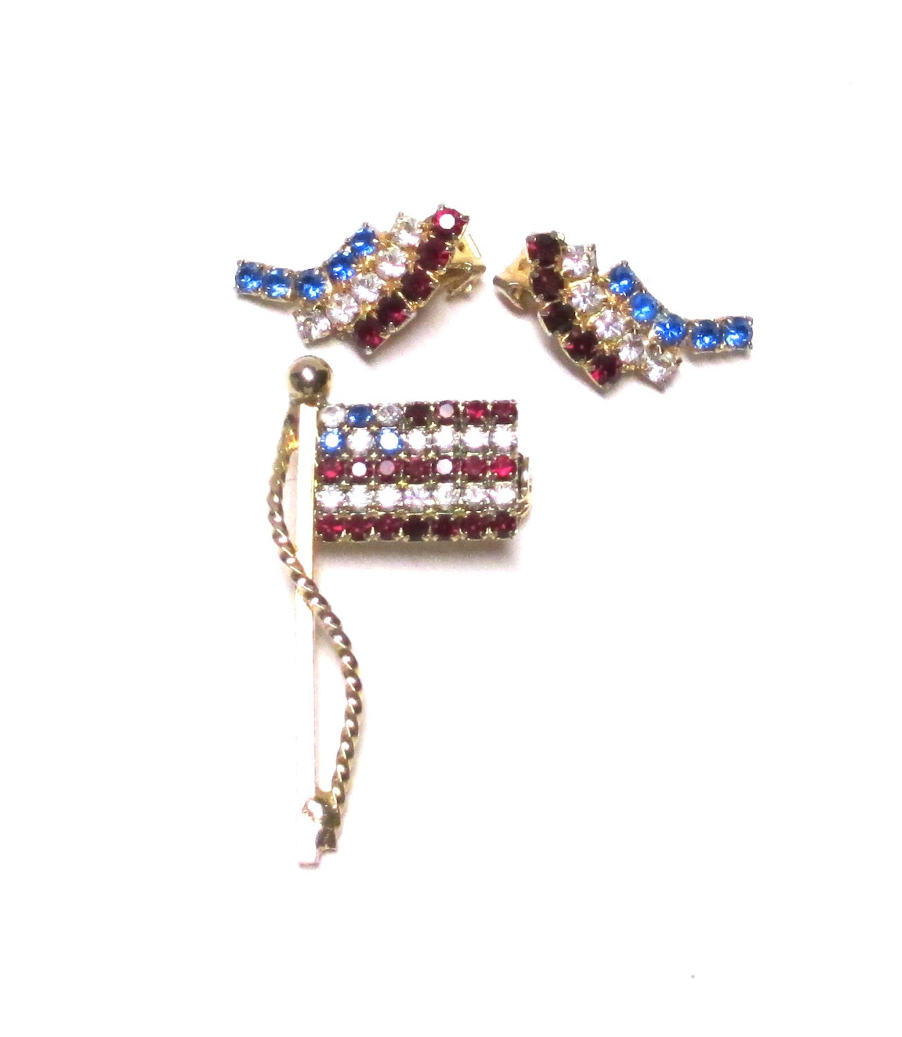 Vintage KRAMER Signed Patriotic Rhinestone Earrings with Flage Brooch Round Rhinestones