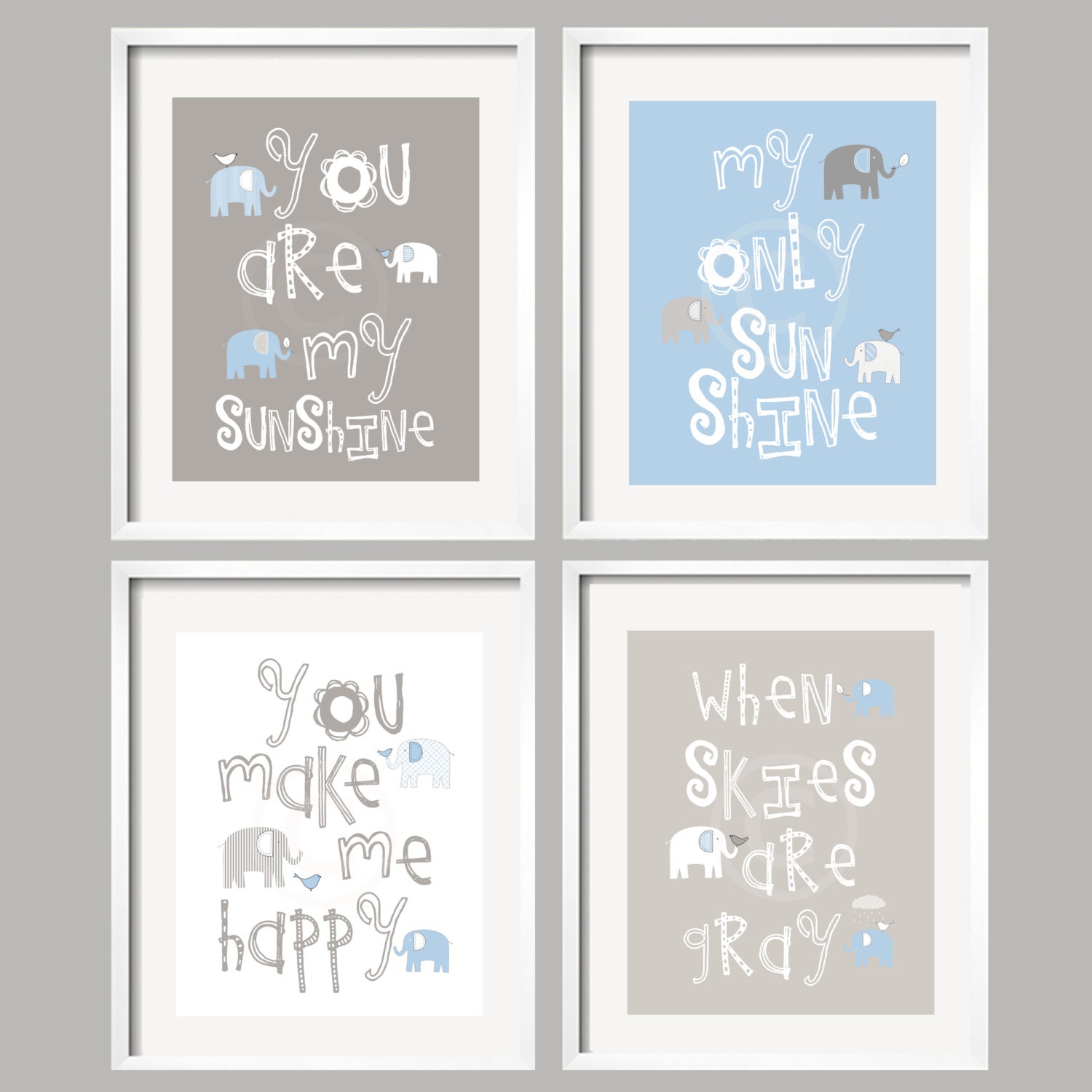 You Are My Sunshine - Blue and Gray Nursery Prints/ Elephant and bird -  8x10 - baby shower gift, for boy or girl
