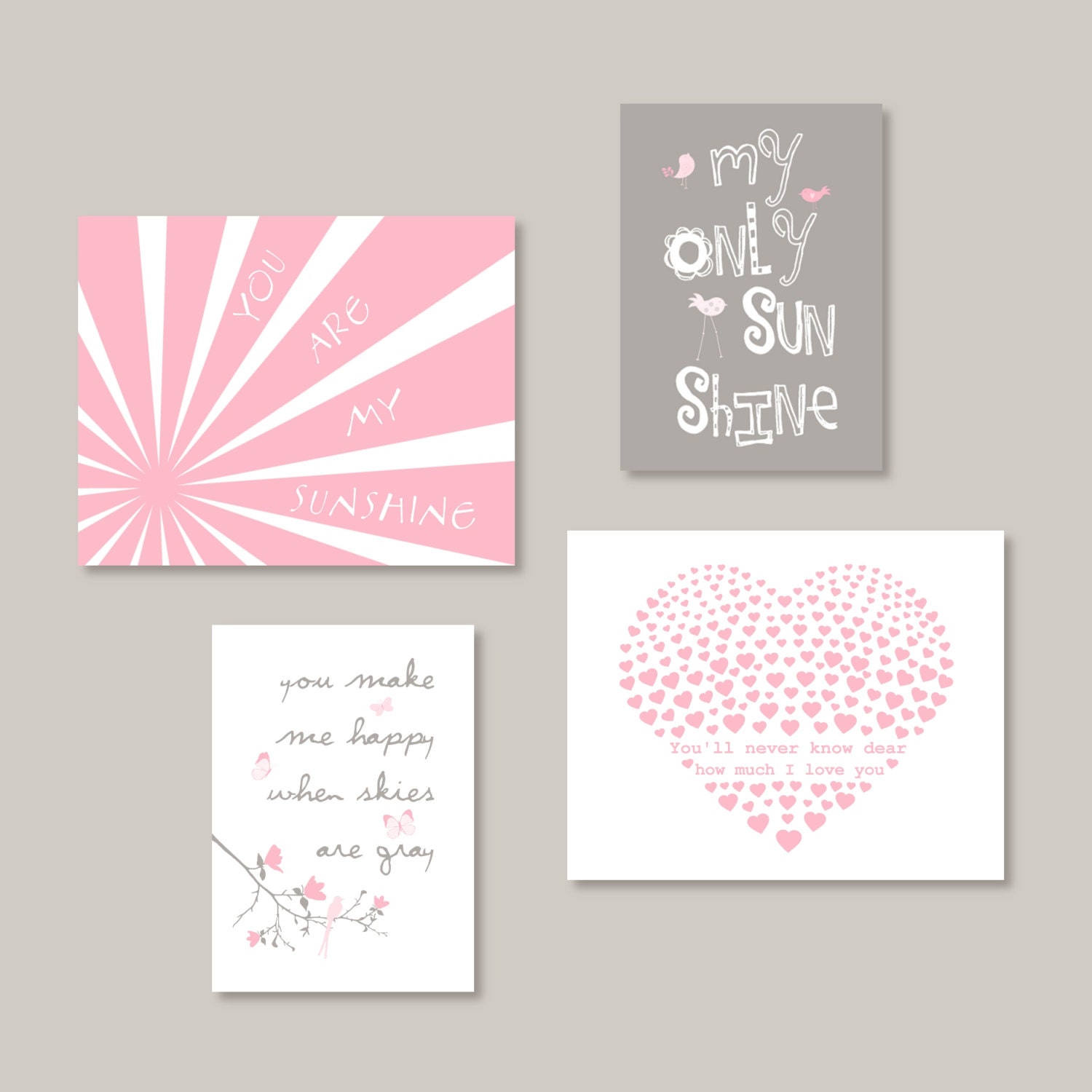 Pink and Gray You Are My Sunshine Print Set 8x10 and 5x7- Eclectic style Gallery wall Art - Free Shipping - YassisPlace