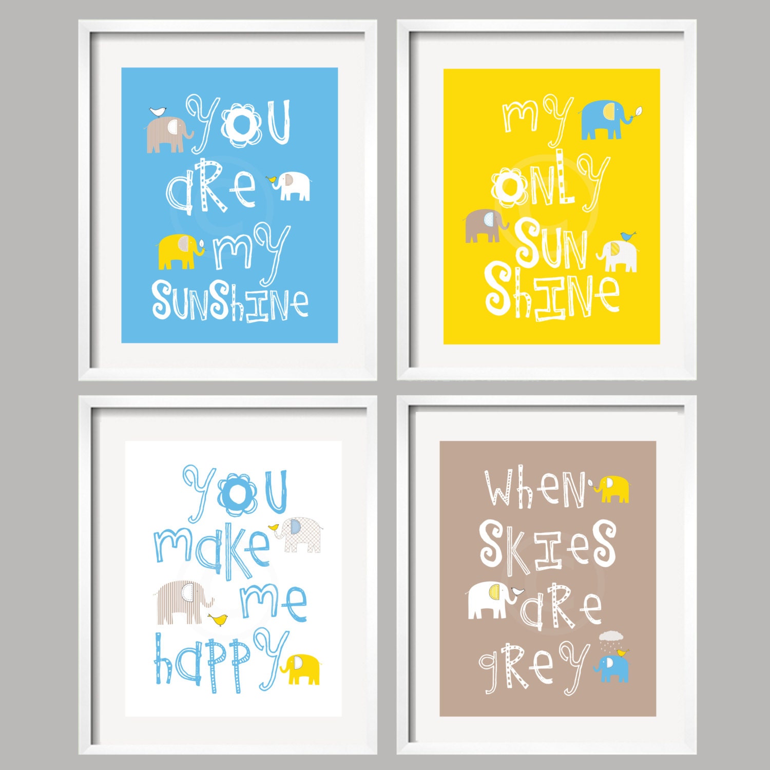 Kids Wall Art, You are my sunshine, Nursery Decor Prints, You Are My Sunshine, Elephant and bird, 8x10, baby shower gift, for boy or girl