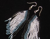 Native American style beaded fringed earrings in silver, steel blue and black