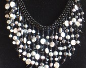 Native American style tribal fringed collar necklace in silver  and gray pearl and black onyx