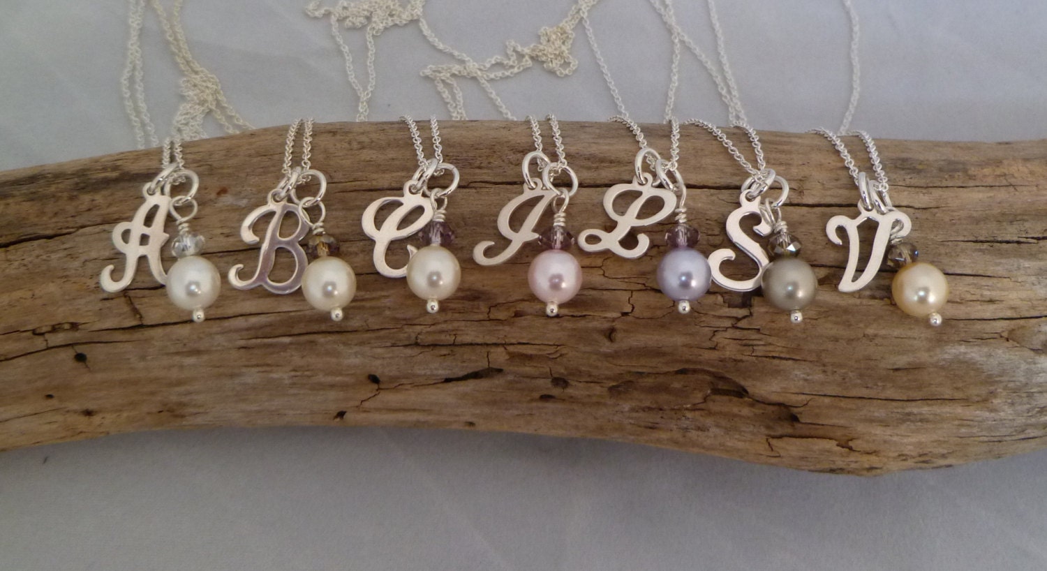Bridesmaid Gift - Initial Necklace - Set of 7 seven - Open Script Sterling Silver Initial - Swarovski Pearl and Crystal - 530PC-7