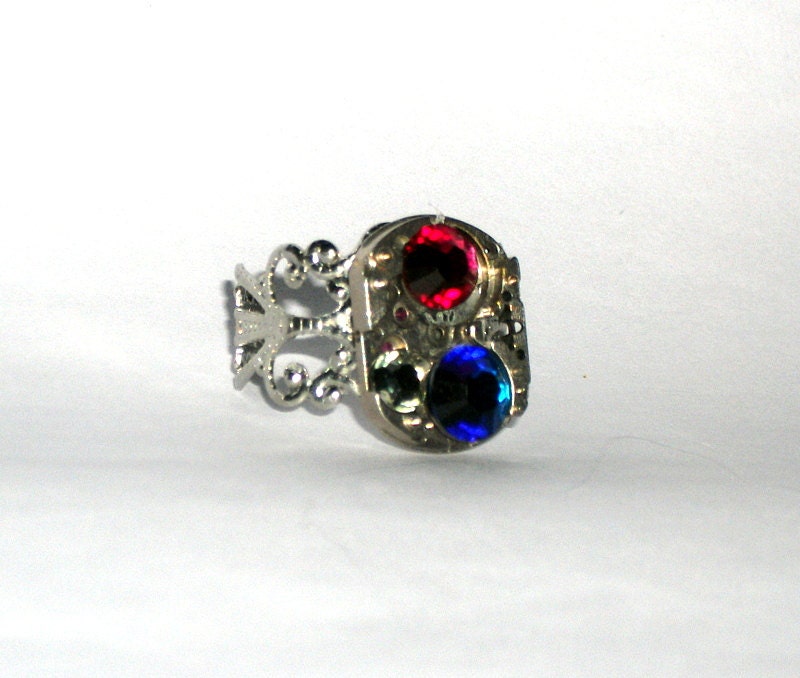 Steampunk Ring,Red & Blue Ring,Filagree Ring,Wach movement ring,Ready to ship.