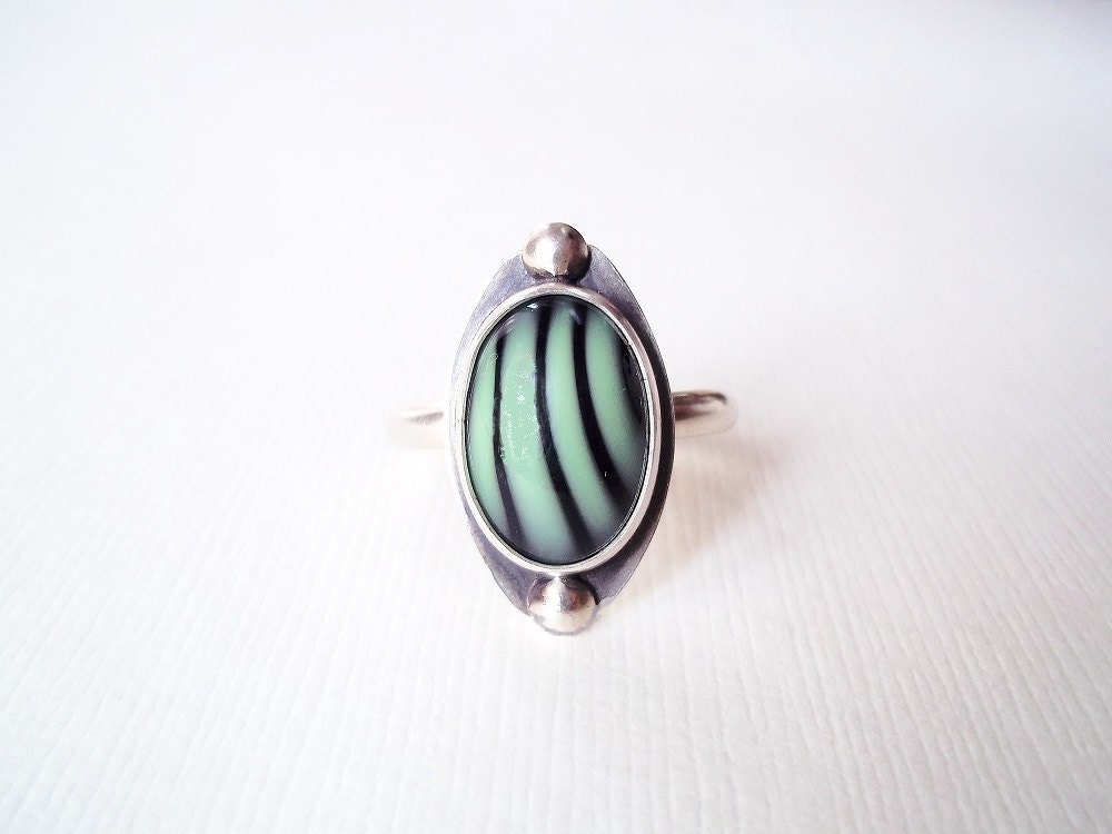 Modern Jewelry. Mint Green and Black Striped Glass Sterling Silver Ring.Unique Jewelry