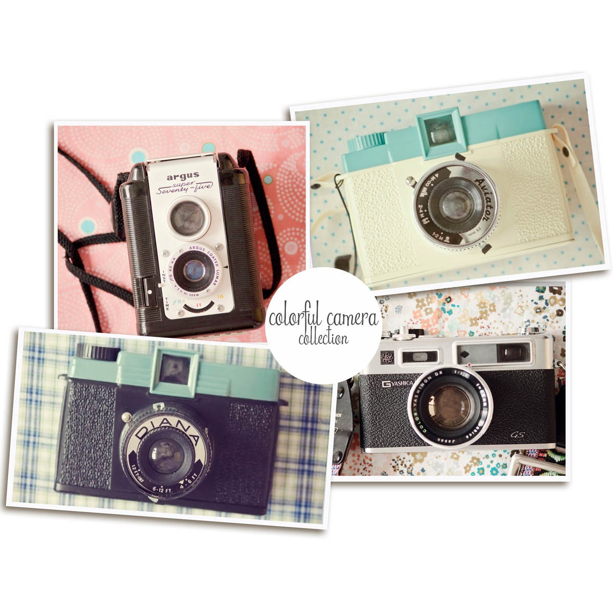 Camera Photography Print Set - Colorful Cameras - Retro Vintage Camera Wall Art Set of Four 5x7 Prints -