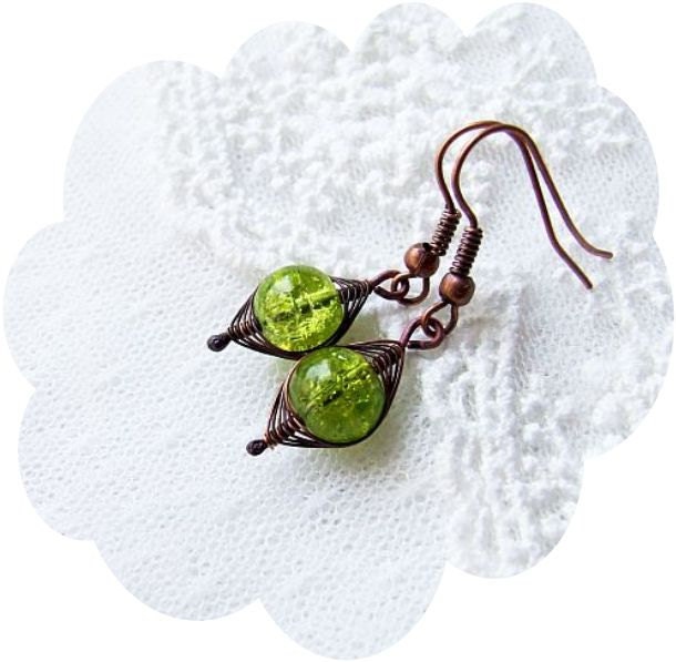 neon green  earrings - adorable, sweet wire wrapped copper earrings with green crackle beads