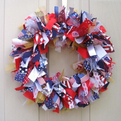 Patriotic Wreath, Patriotic Decoration, Fabric Wreath, Ribbon Wreath, Red White and Blue American Patriotic Rag Wreath
