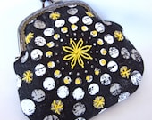 hand embroidered snap coin purse wallet - modern black yellow grey white circles - julieandco2 - waverly fabric metal kiss lock frame