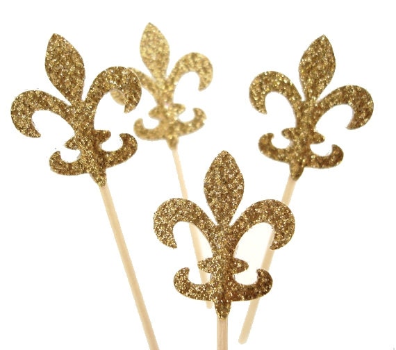 24 Glittered Gold Fleur De Lis Party Picks, Toothpicks, Cupcake Toppers, Food Picks - No256