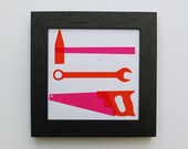 Framed Screen Print, Tools, 9x9 cm