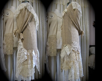 Long Doily Lace Sweater, OOAK shabby cottage chic, refashioned altered clothing, doilies lace embellished LARGE