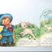 Vintage Greeting Card - Easter - Boy - Fold Open Little Boy Blue Hay Lambs