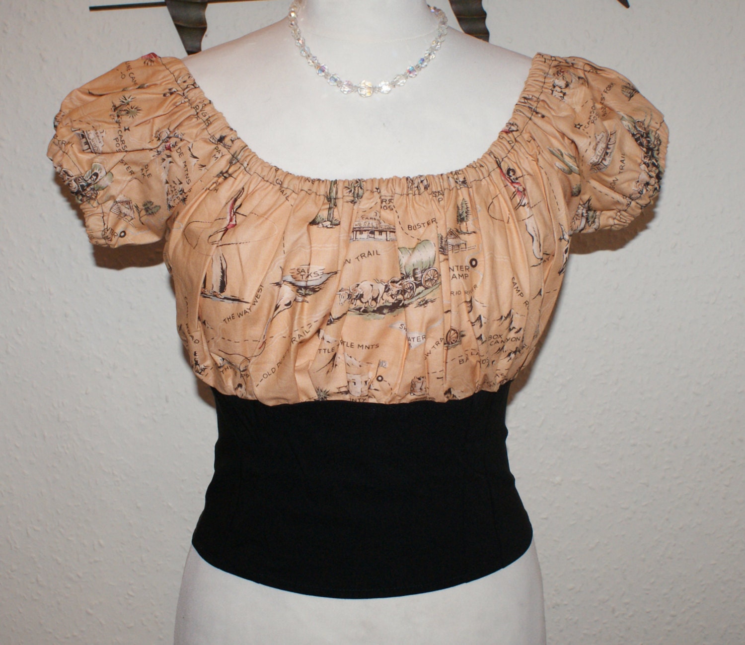Repro 1950s vintage inspired fitted gypsy top in black with Western print bust  size M Viva rockabilly