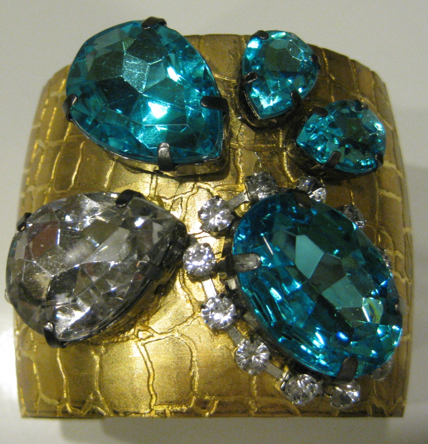 2" Alligator Patterned Brass Cuff Bracelet with Aqua Colored Stones