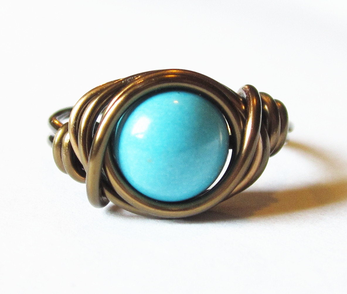 Boho Jewelry - Turquoise Ring, Wire Wrapped Antique Brass Jewelry, Bohemian Rings