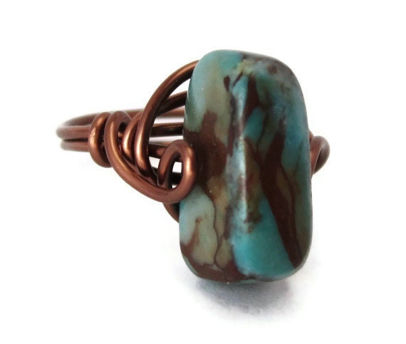 Copper Jewelry - Size 7 Ring - Statement Jewelry - Blue Rings - Antique Copper Jewelry