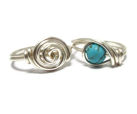 Turquoise Jewelry Set - Custom Ring Set - Wire Wrapped Rings - You Choose Size and Wire Color