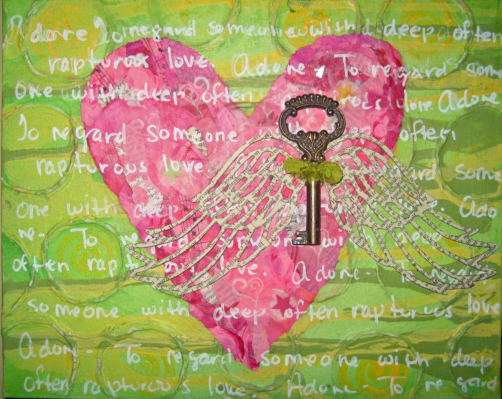 Adore - Mixed Media Original on Canvas - 8 x 10 - Hand Painted Paper - Home Decor - Art - Heart