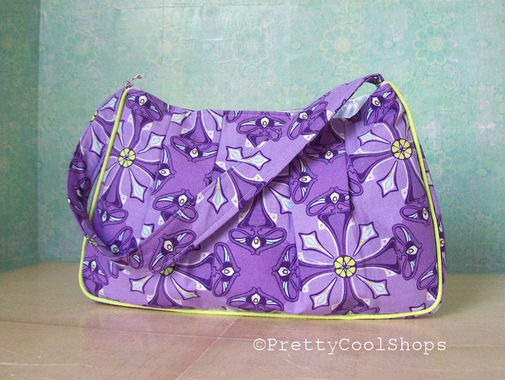 New B Bag, Shoulder bag, purse, handmade, pleated, zipper pocket, tapestry in deep amethyst purple, yellow, east west bag