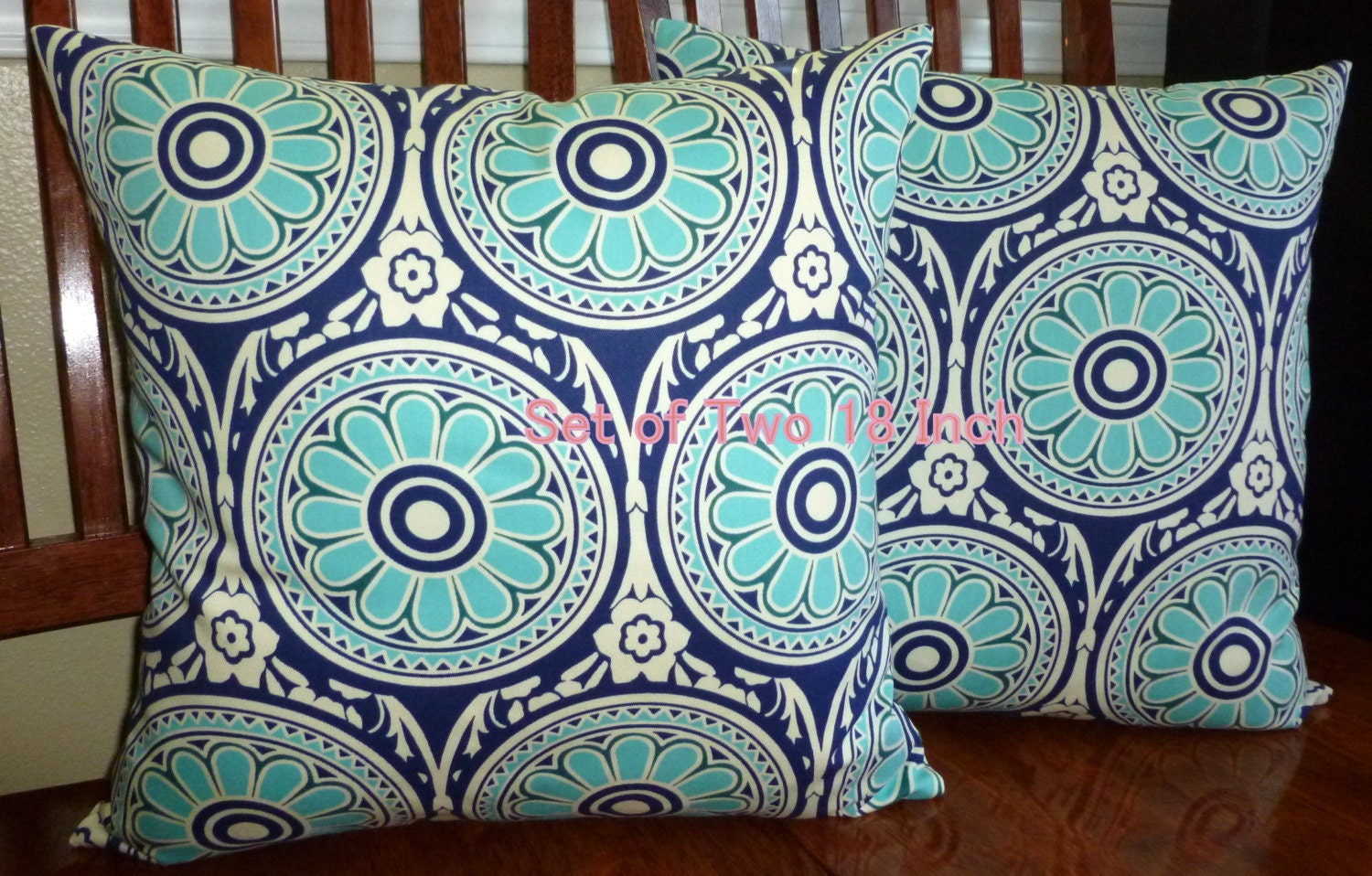 Decorative Accent Throw Pillow Covers - Royal Blue and Turquoise - Two 18 Inch