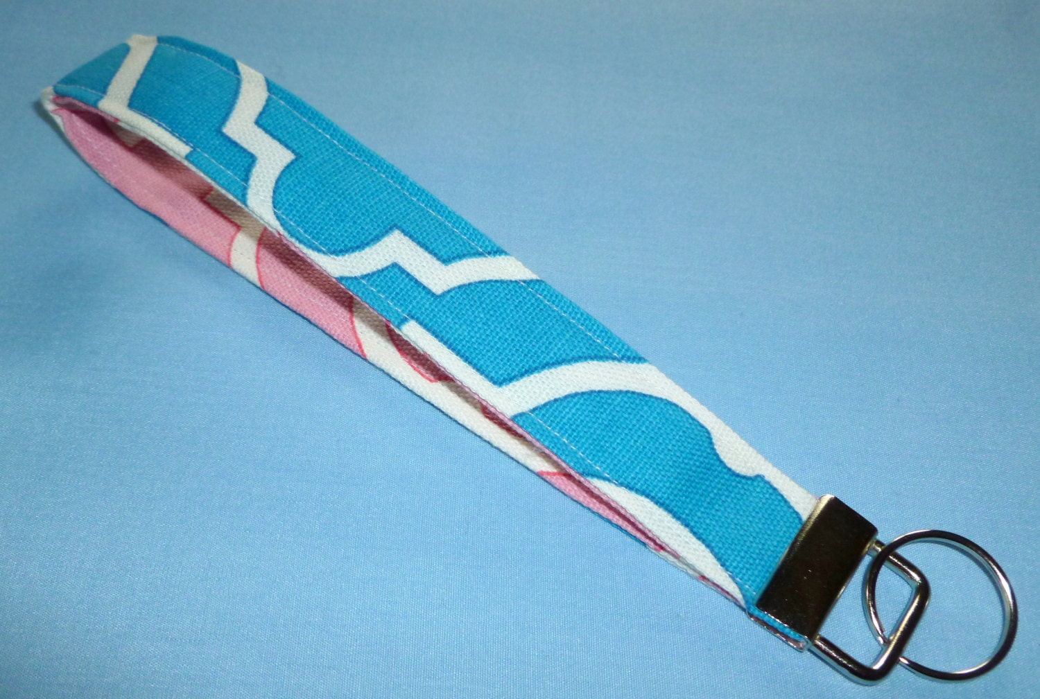 Wristlet Key Fob / Key Chain - Blue, Pink and White