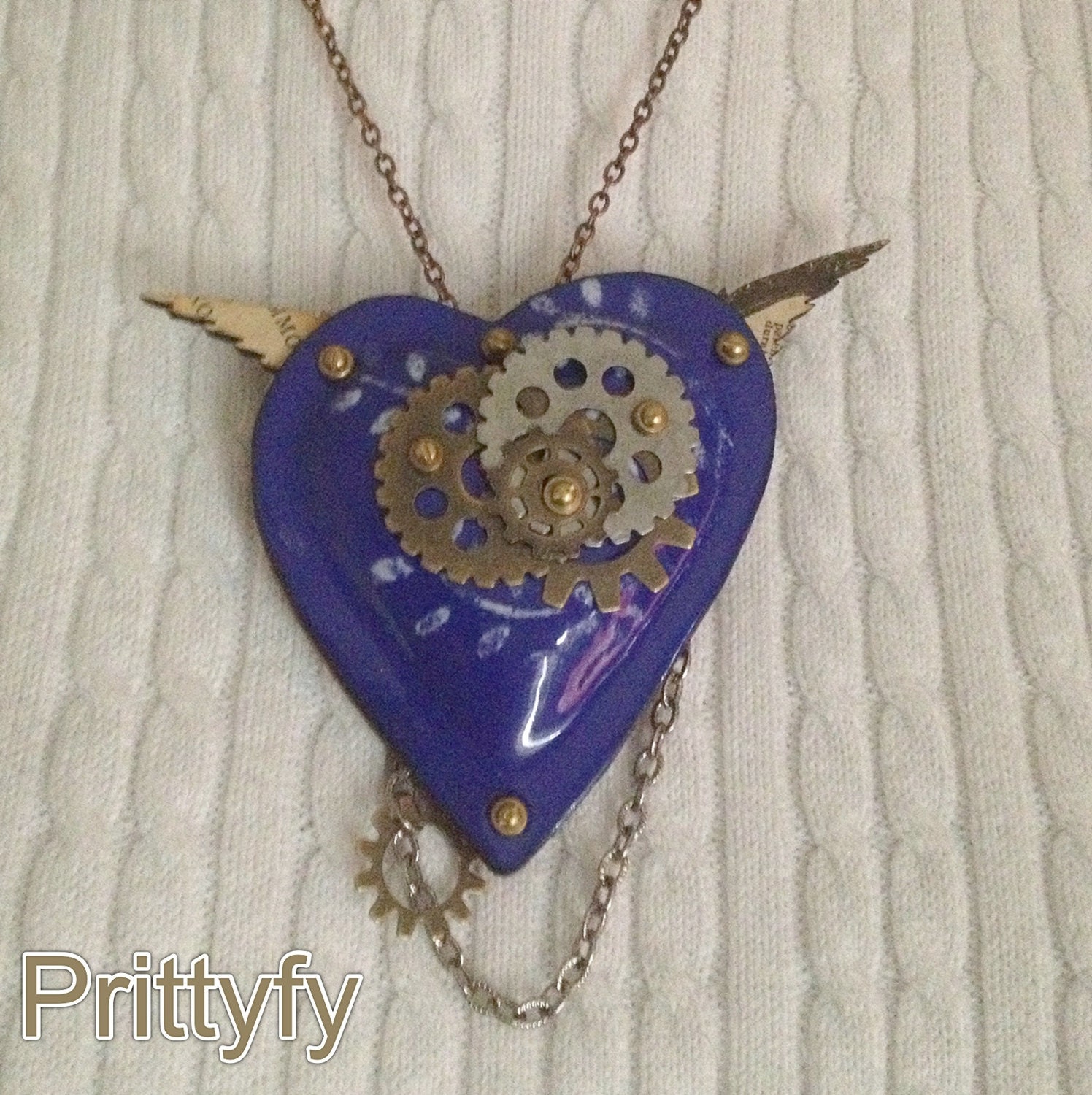 Steampunk Heart Necklace Pin Enameled Blue Pendant