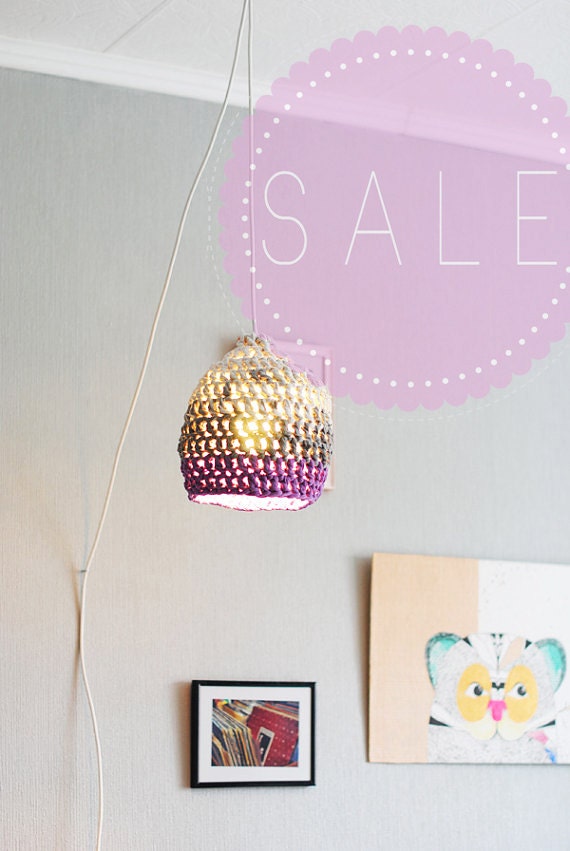 SALE Pendant lamp in violet/ light gray . Eco design. Hand crocheted