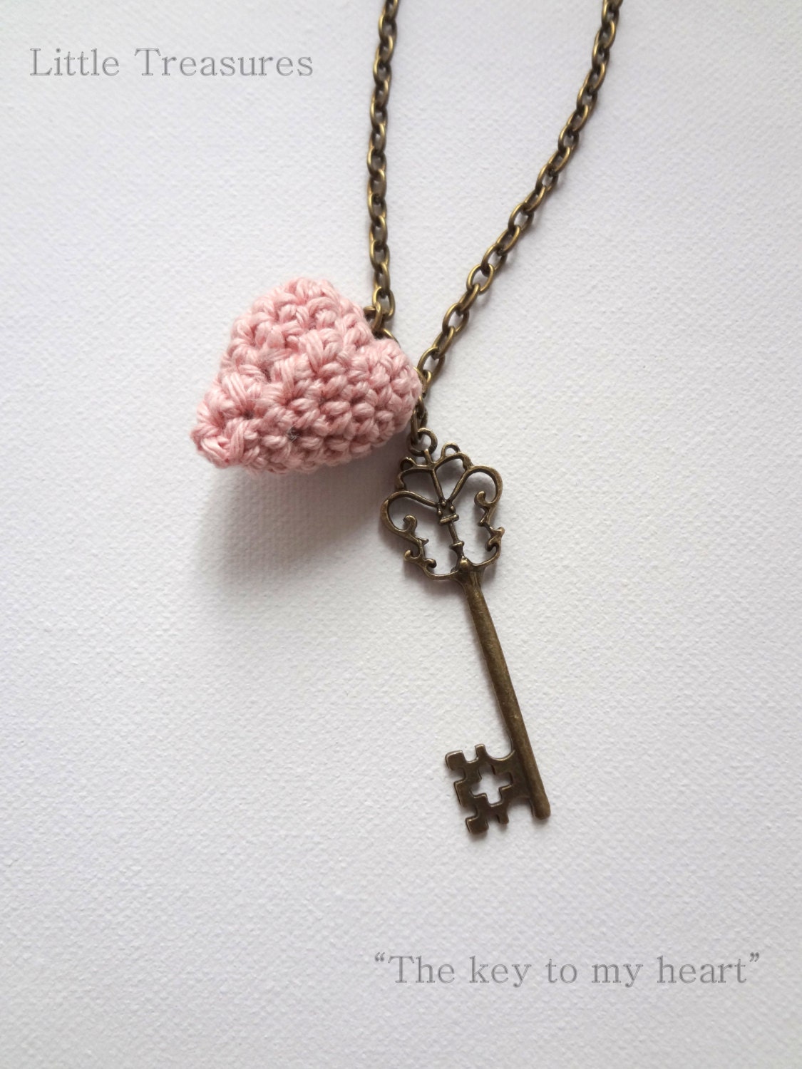 The Key to My Heart Necklace -  miniature crocheted necklace, bohemian necklace,  key and heart