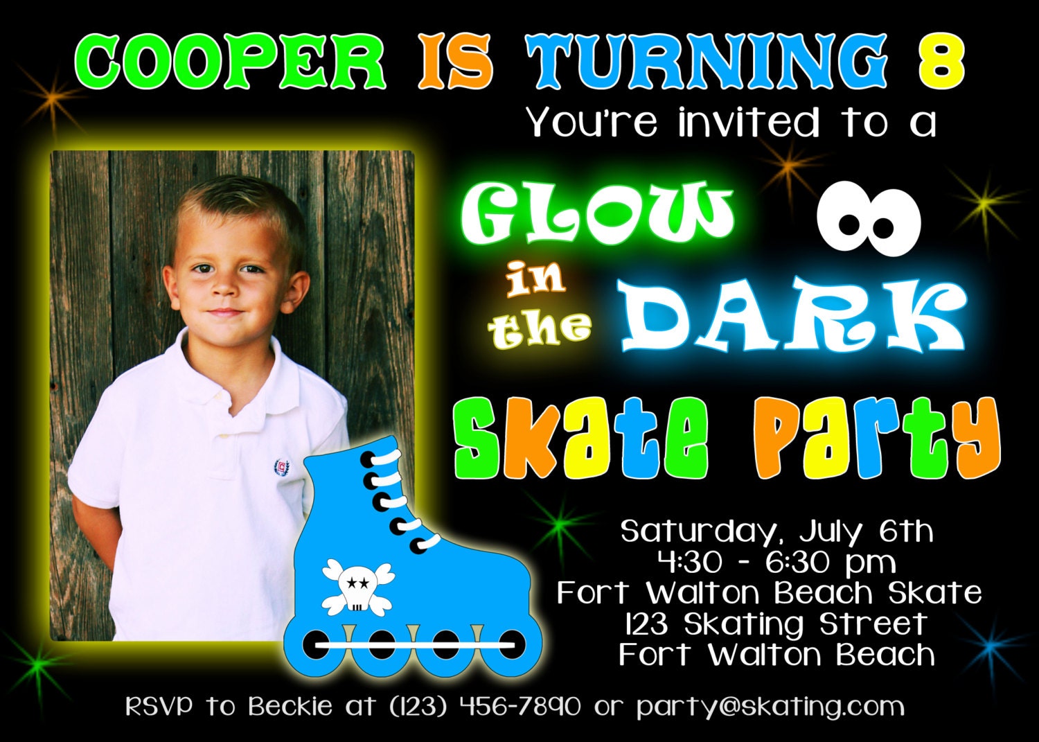 Glow in the Dark Skating 5x7 Photo Birthday Party Invitation - Boy Printable Il_170x135