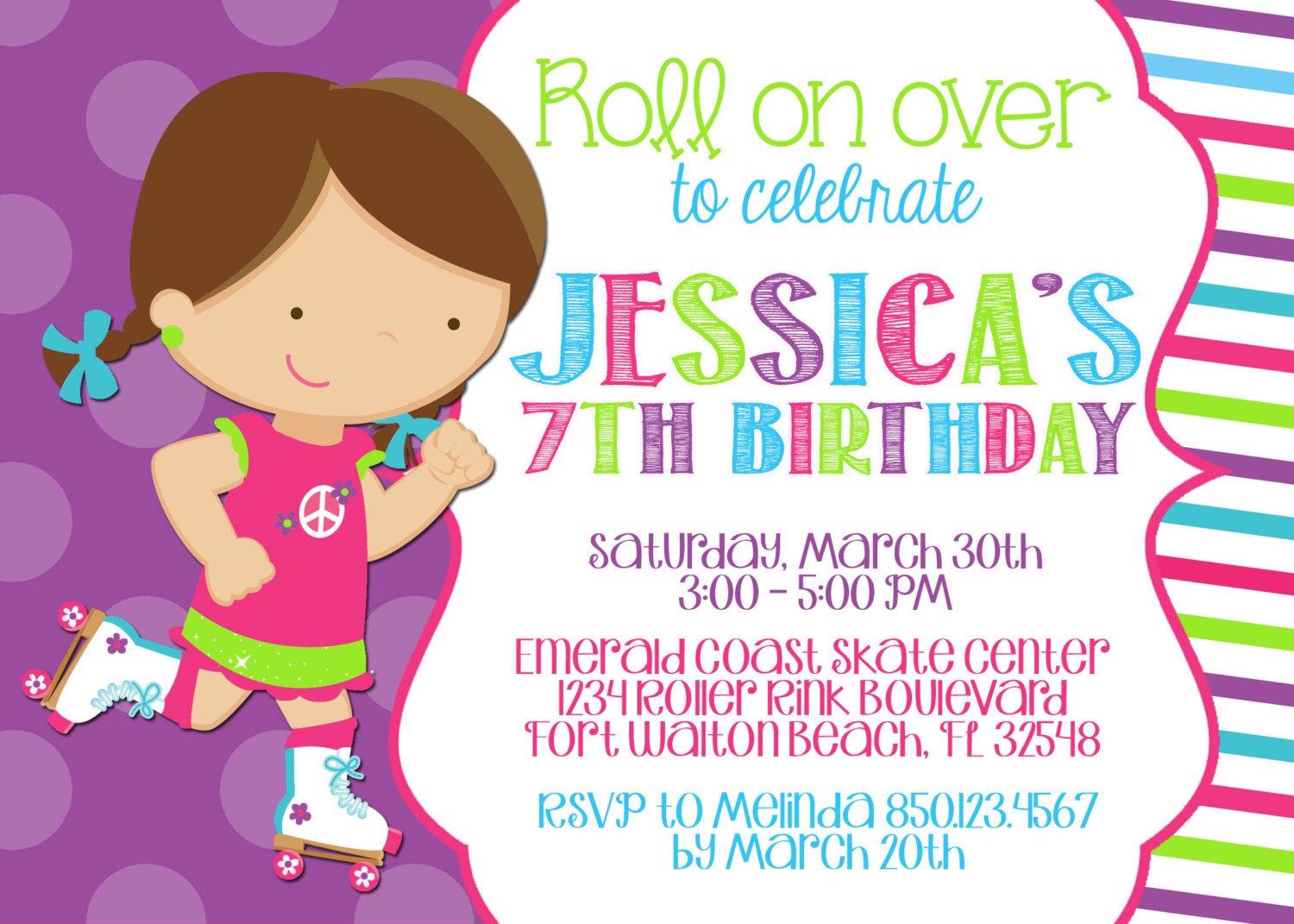 Skate Party 5x7 Invitation - Girl Birthday Party - PRINTABLE Il_570xn