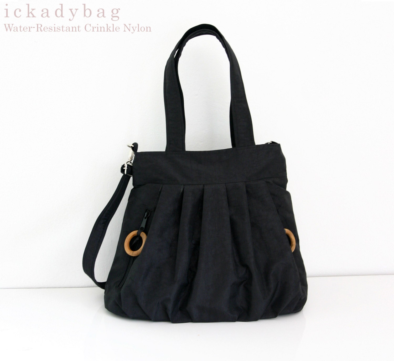 Sale - Black Diaper bag in Water-resistant Nylon / Messenger / Tote / Travel Handbag / Work / Purse / Pleat / Shoulder Bag / Zipper Pockets