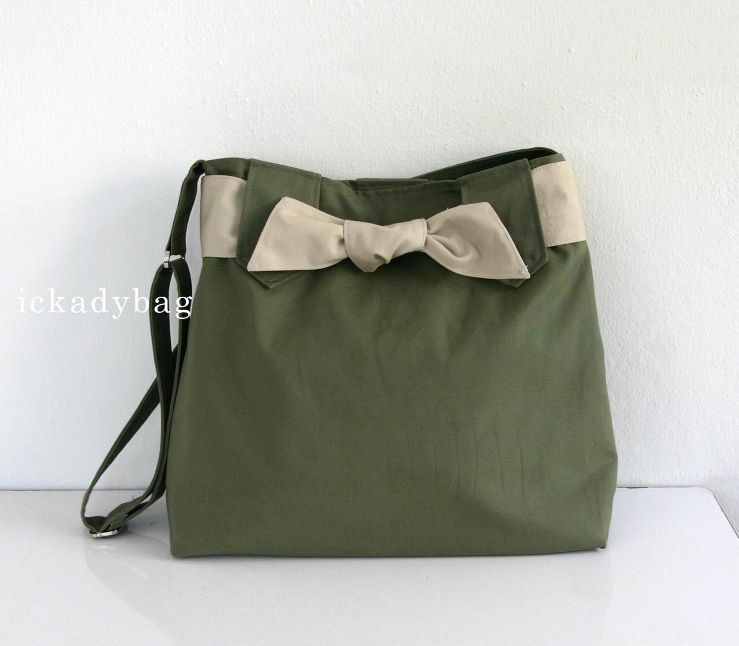 Olive Green Canvas Bag / Diaper bag / Messenger Bag / Travel Tote / Shoulder / Cute / Bow / Hobo / Men Women - Sydney
