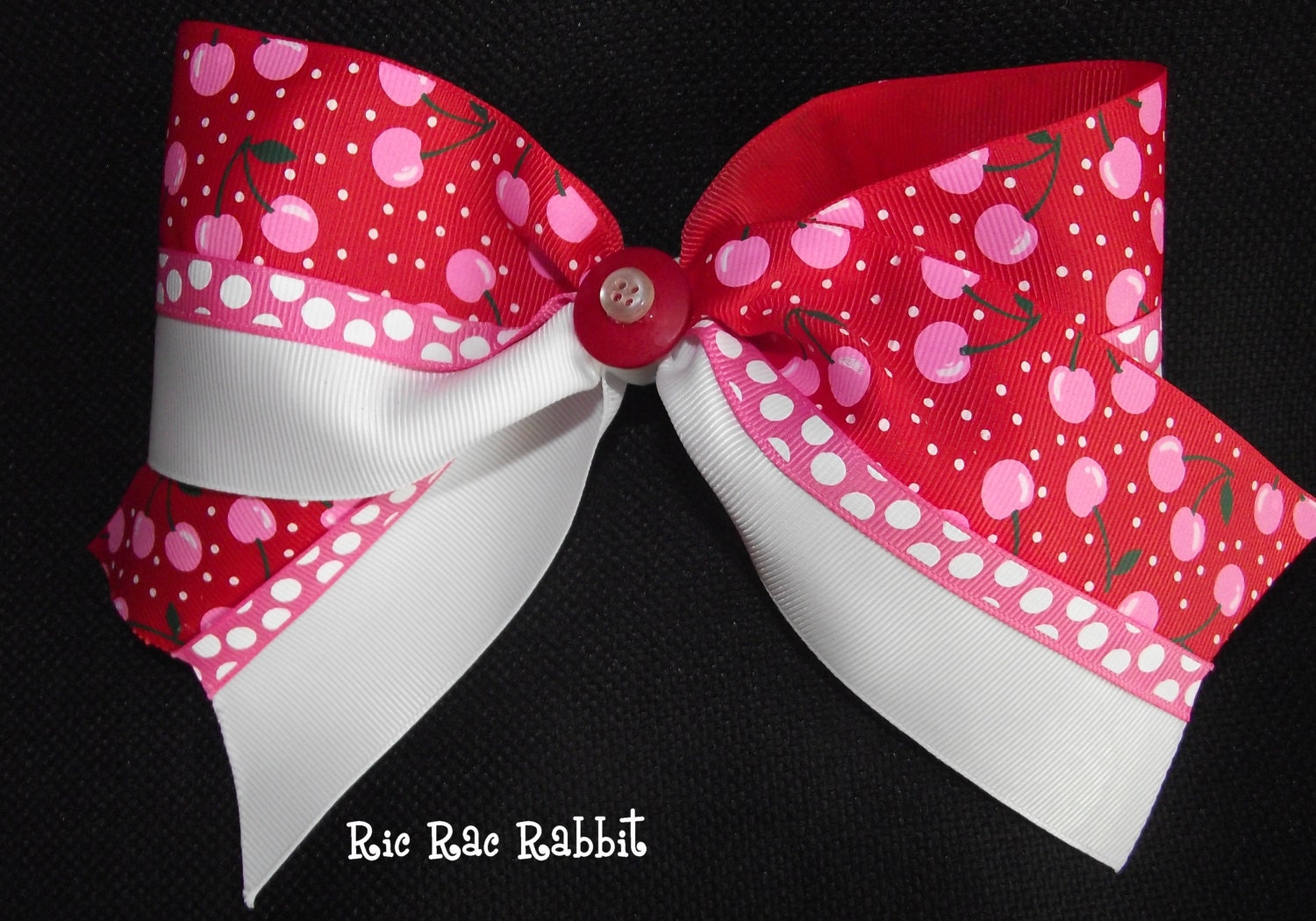 7" Red Cherries and Pink with White Dot Cheer Style Bow 3" Wide Ribbon