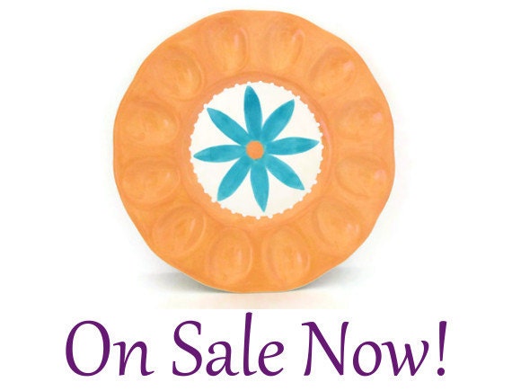 Ceramic Devil Egg Plate in Yellow Blue White on SALE Now