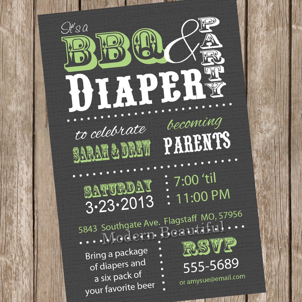 Couples BBQ and diaper Baby Shower Invitation, grey, green, diaper invitation, couple baby shower, printable, digital file Il_170x135