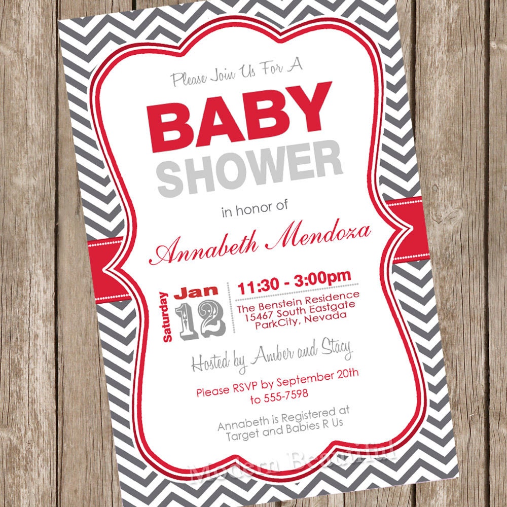 Neutral Baby Shower Invitation Red and Grey Chevron Printable Personalized 20121202-K1-1F Il_170x135