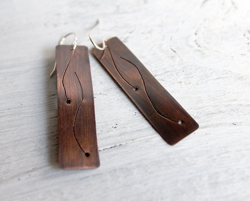 Copper Rustic Patina Dangle Earrings Geometric Nature Metalwork Jewelry