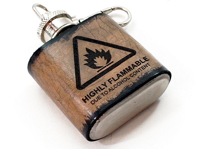 1oz Stainless Steel & Leather Flask Keychain - Highly Flammable