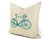 Bicycle pillow cover, Decorative throw pillow, Gift for cyclist - 16x16 Natural beige pillow case with turquoise vintage bike print