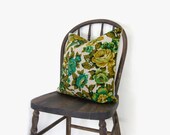 Floral pillow cover - Vintage fabric - Garden - Flower print in emerald, turquoise, yellow, apple green and black - 16x16 decorative pillow