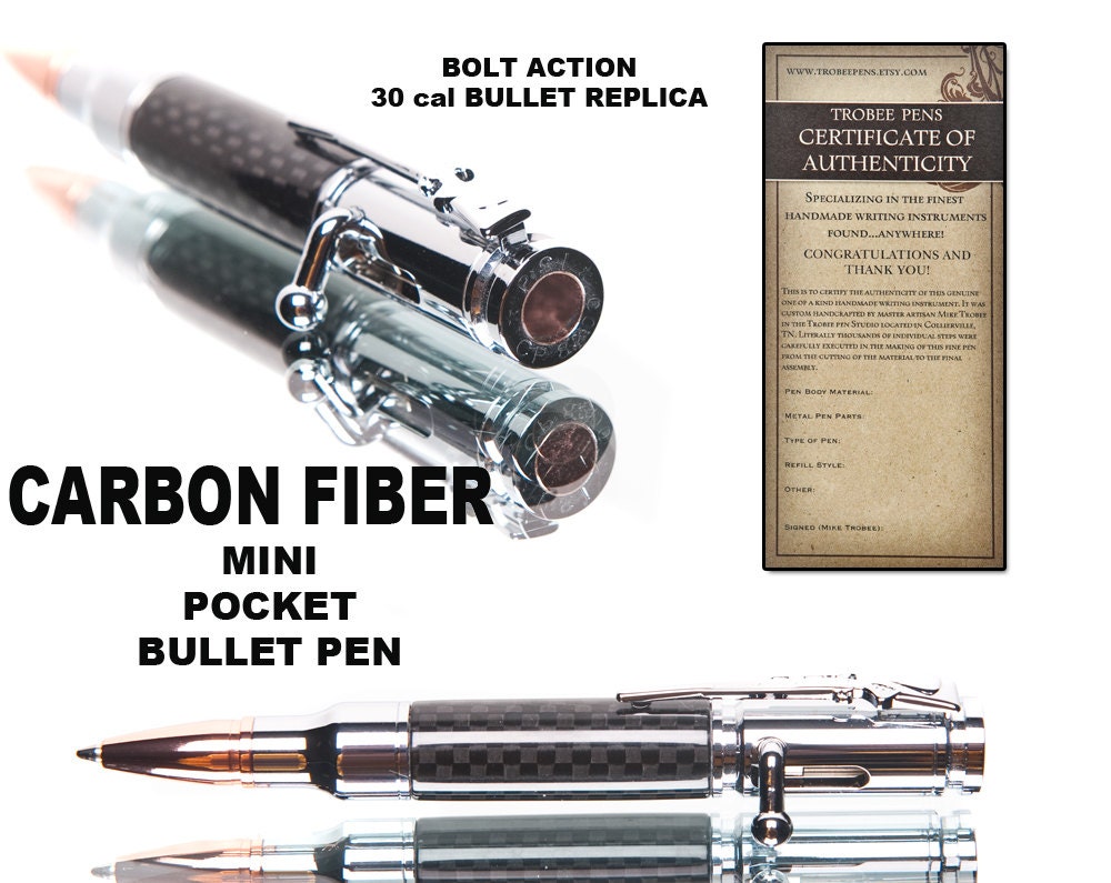 Carbon Fiber Mini Bullet pen shaped as a rifle cartridge. Gift for a man