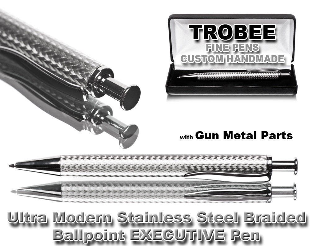 Pen for a man, gift for an executive on the go. Stainless steel braided with gun metal parts ballpoint click